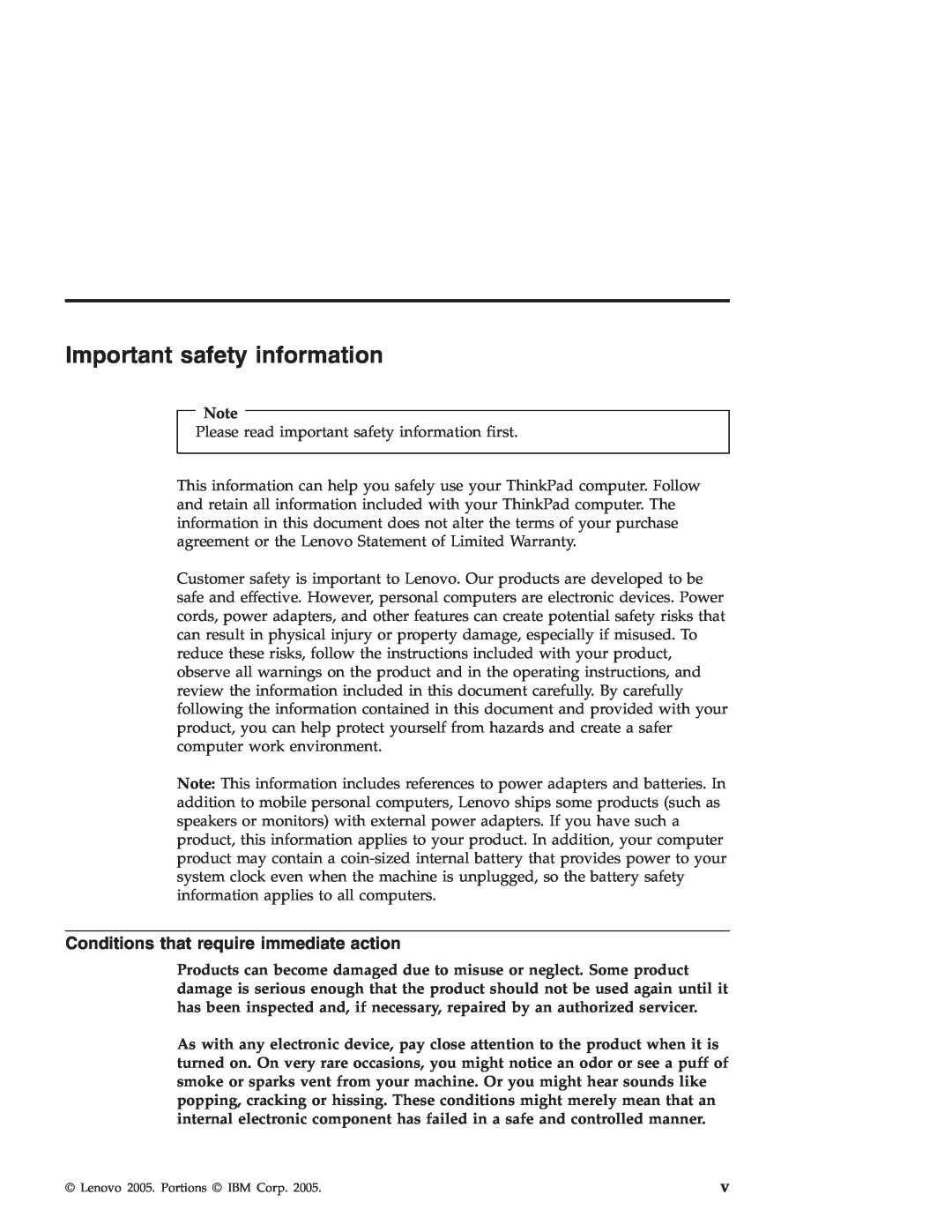 Lenovo R50 manual Important safety information, Conditions that require immediate action 