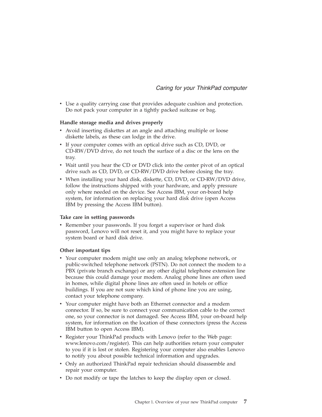 Lenovo R50 manual Handle storage media and drives properly, Take care in setting passwords, Other important tips 