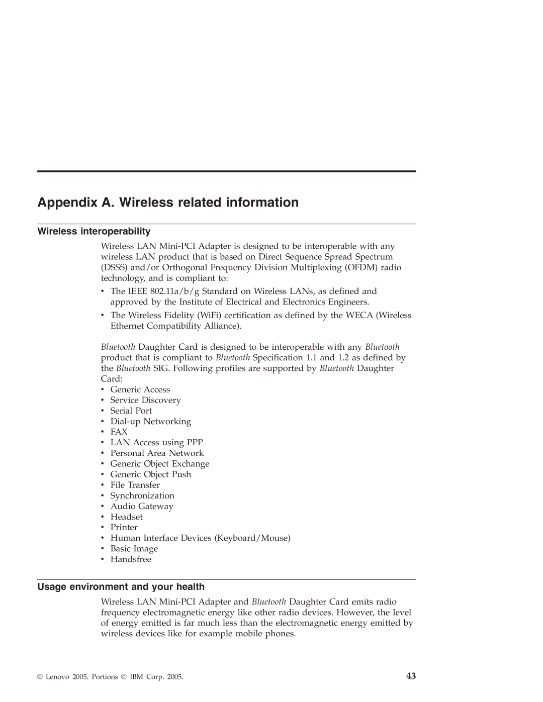 Lenovo R50 manual Appendix A. Wireless related information, Wireless interoperability, Usage environment and your health 