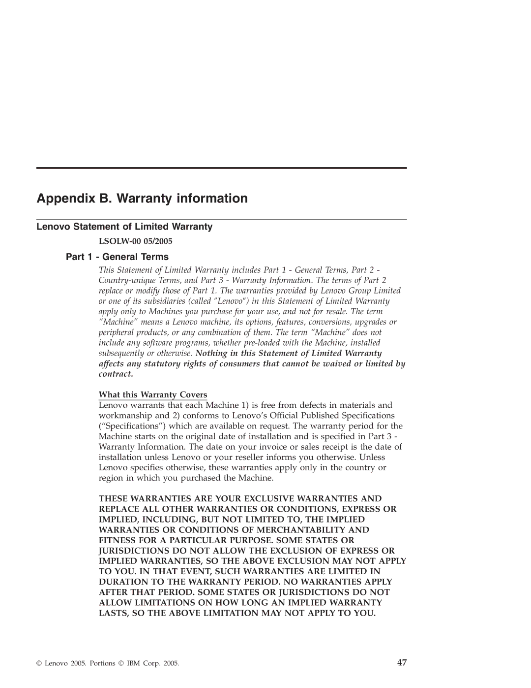 Lenovo R50 Appendix B. Warranty information, Lenovo Statement of Limited Warranty, Part 1 General Terms, LSOLW-00 05/2005 