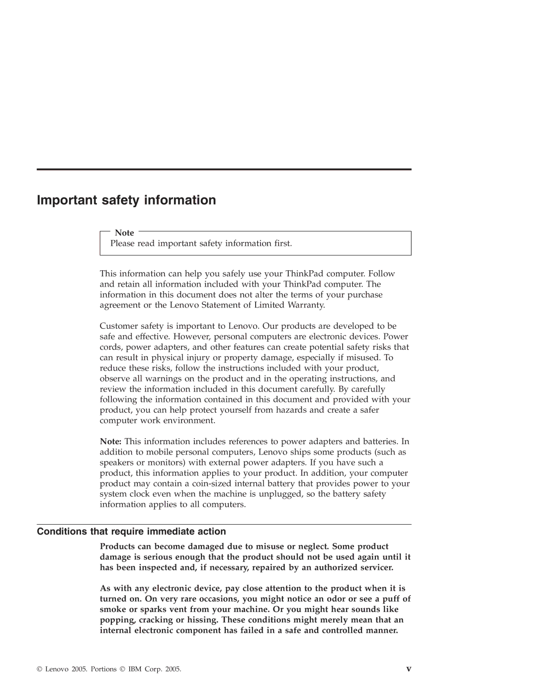 Lenovo R50 manual Important safety information, Conditions that require immediate action 