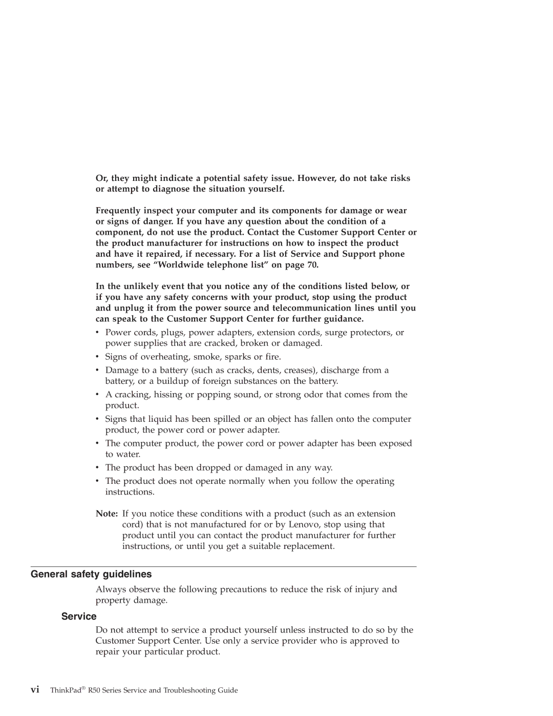 Lenovo R50 manual General safety guidelines, Service 