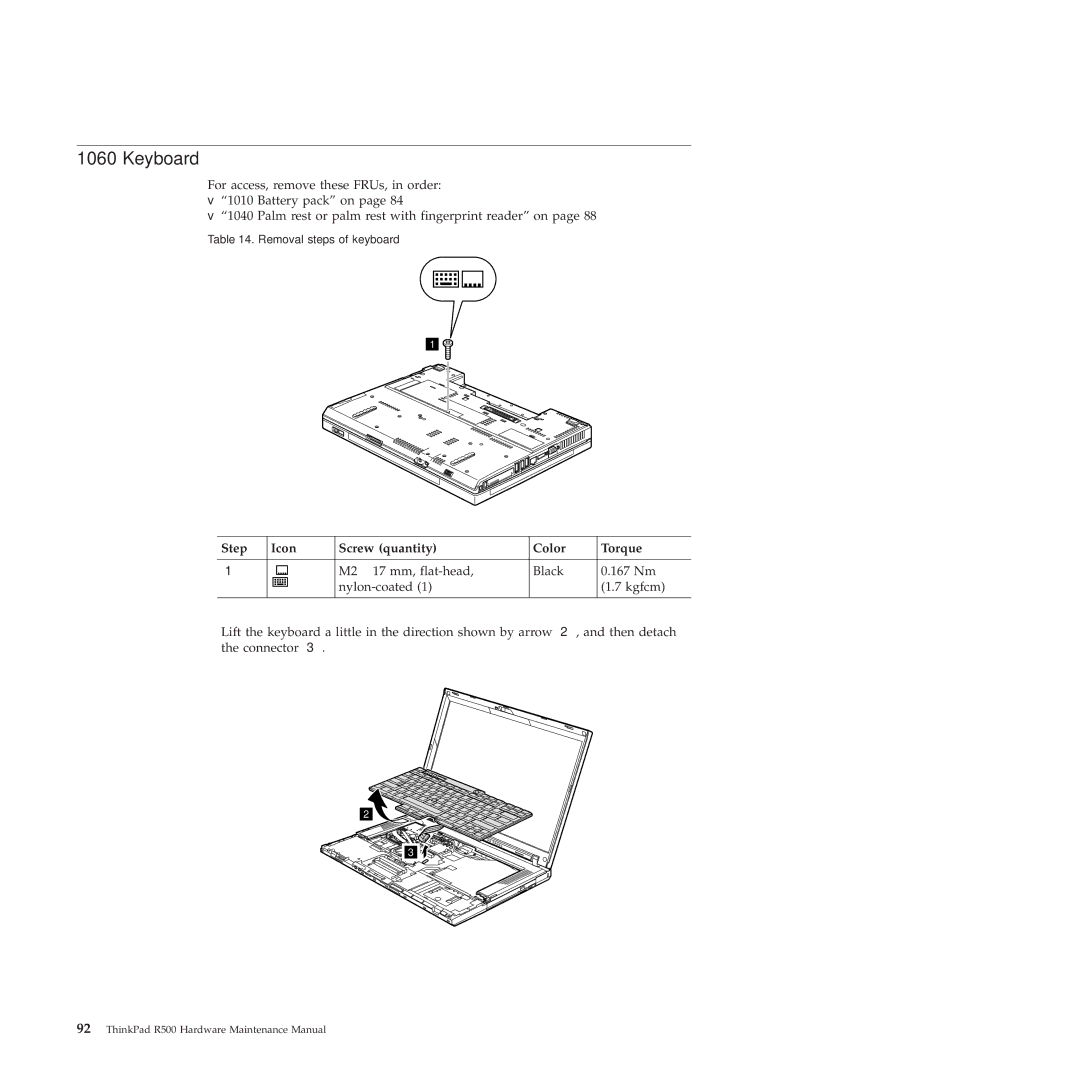 Lenovo R500 manual Keyboard, Step Icon Screw quantity Color Torque 