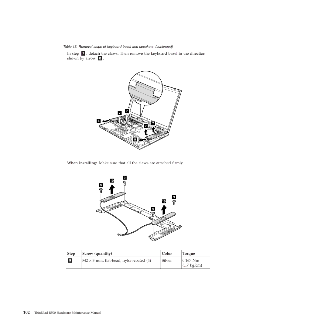 Lenovo R500 manual Step Screw quantity Color Torque 