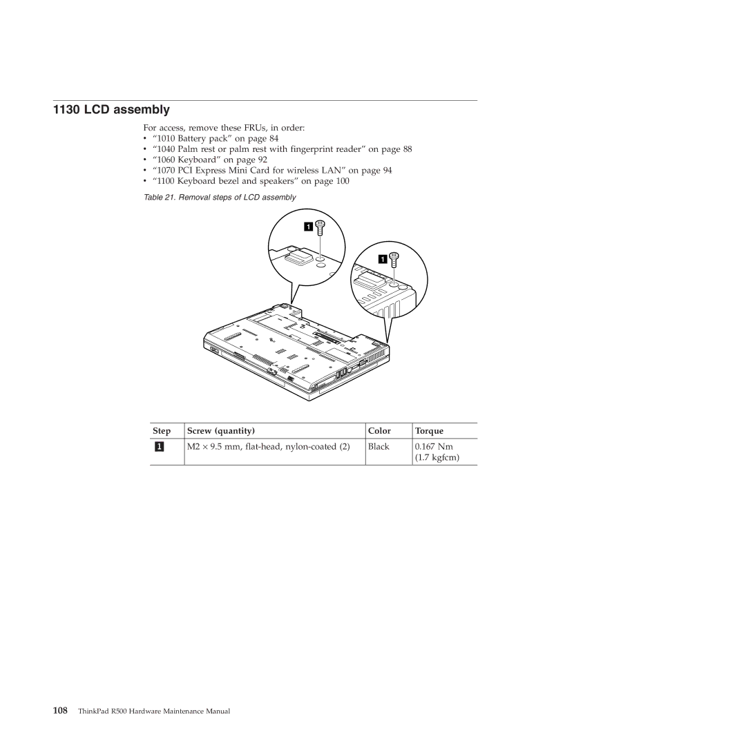 Lenovo R500 manual LCD assembly, Step Screw quantity Color Torque 