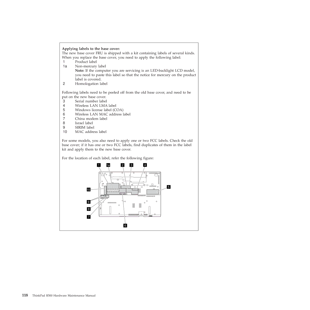 Lenovo R500 manual Applying labels to the base cover 