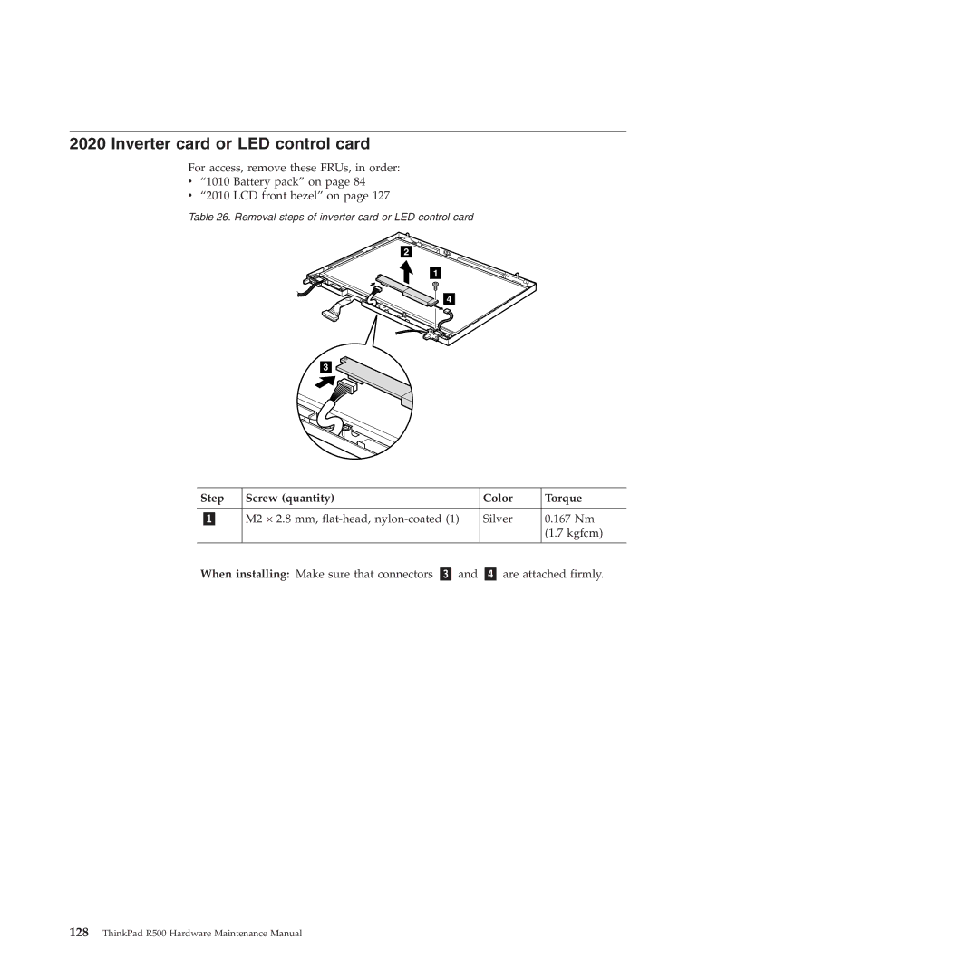 Lenovo R500 manual Inverter card or LED control card, Step Screw quantity Color Torque 