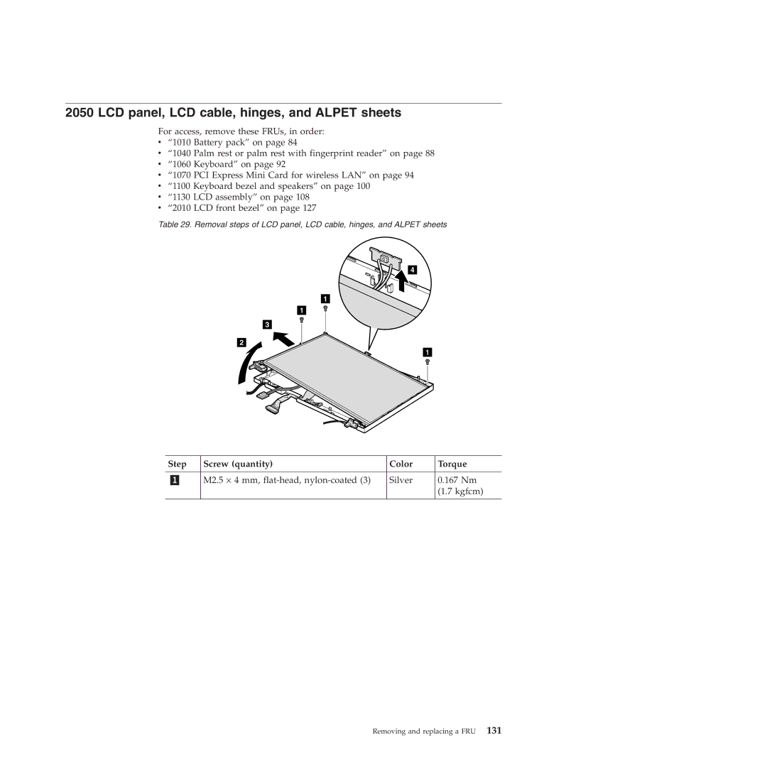 Lenovo R500 manual LCD panel, LCD cable, hinges, and Alpet sheets, M2.5 ⋅ 4 mm, flat-head, nylon-coated Silver 167 Nm Kgfcm 