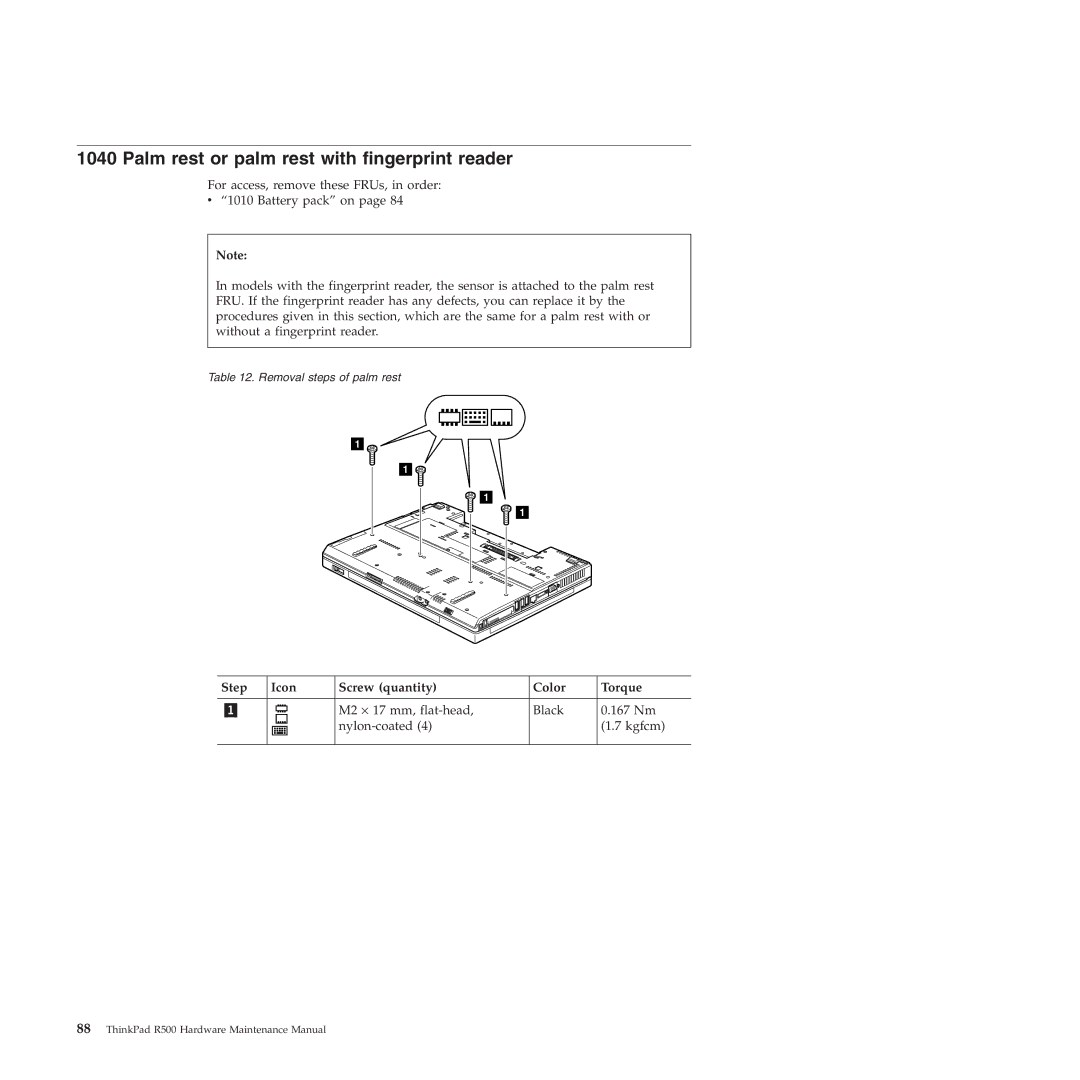 Lenovo R500 manual Palm rest or palm rest with fingerprint reader, Step Icon Screw quantity Color Torque 