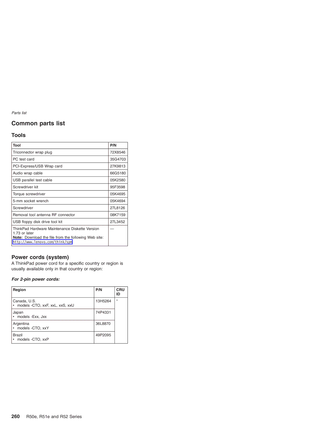 Lenovo R51e Series, R50e Series manual Common parts list, Tools, Power cords system, 260 R50e, R51e and R52 Series 