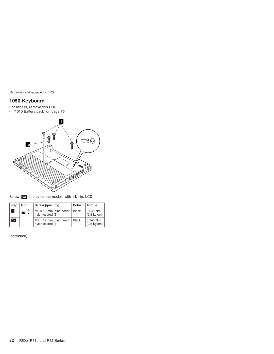 Lenovo R52 Series manual Keyboard, For access, remove this FRU Battery pack on, Is only for the models with 14.1-in. LCD 