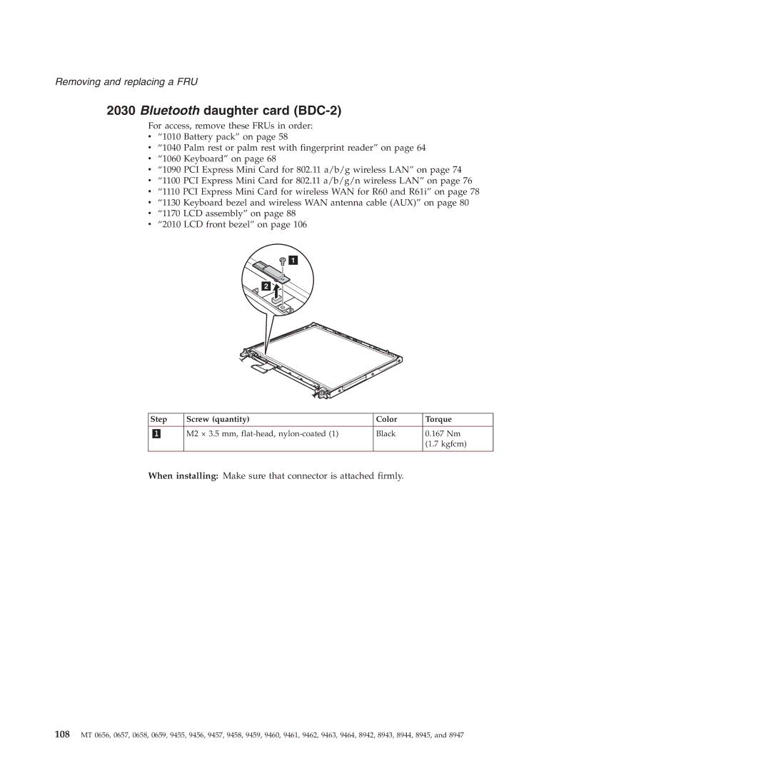 Lenovo R60E manual Bluetooth daughter card BDC-2, When installing Make sure that connector is attached firmly 