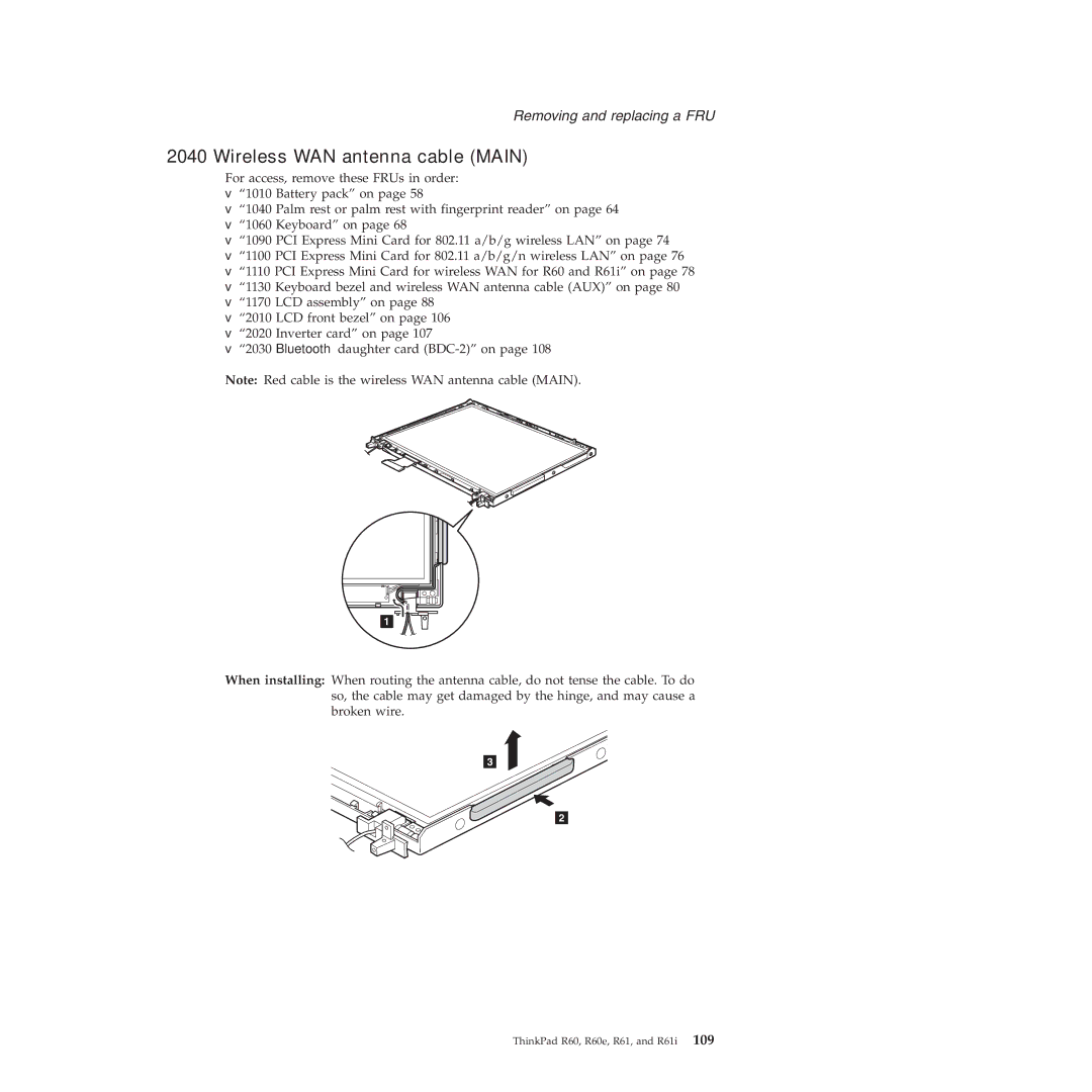 Lenovo R60E manual Wireless WAN antenna cable Main 