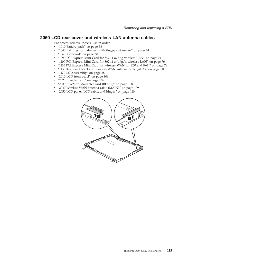 Lenovo R60E manual LCD rear cover and wireless LAN antenna cables 