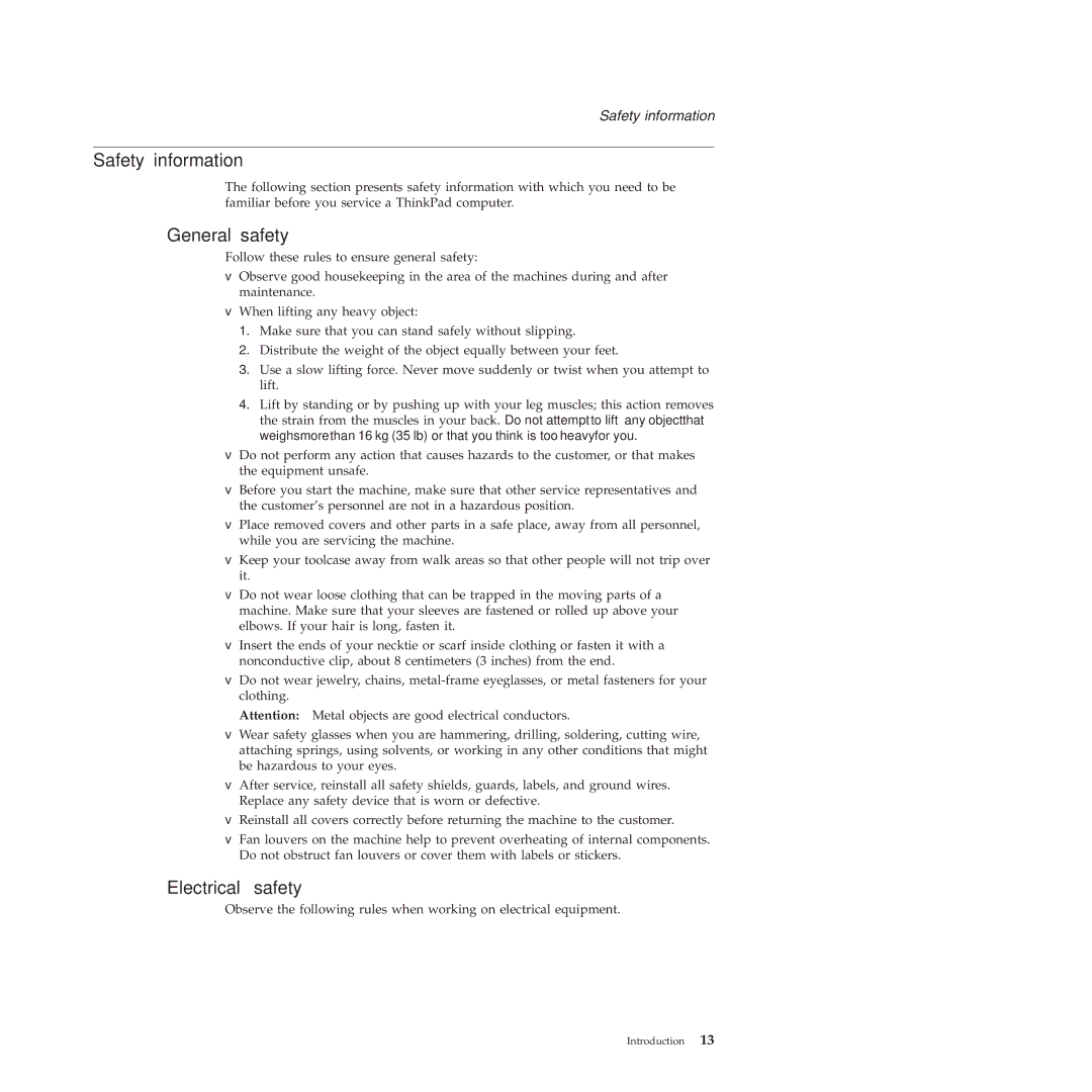 Lenovo R60E manual Safety information, General safety, Electrical safety 