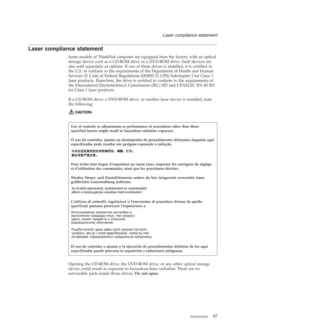 Lenovo R60E manual Laser compliance statement 