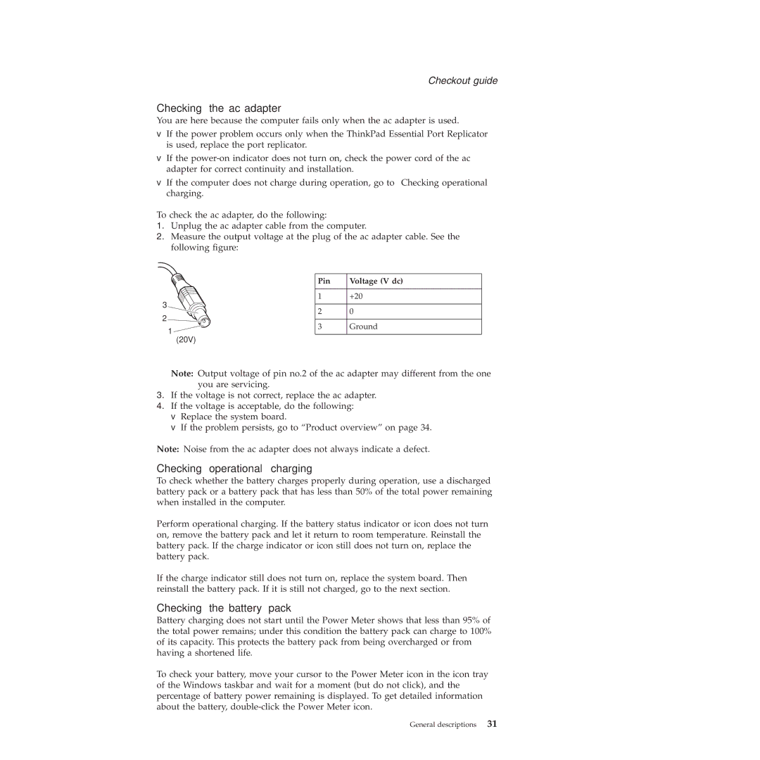 Lenovo R60E manual Checking the ac adapter, Checking operational charging, Checking the battery pack, Pin Voltage V dc 