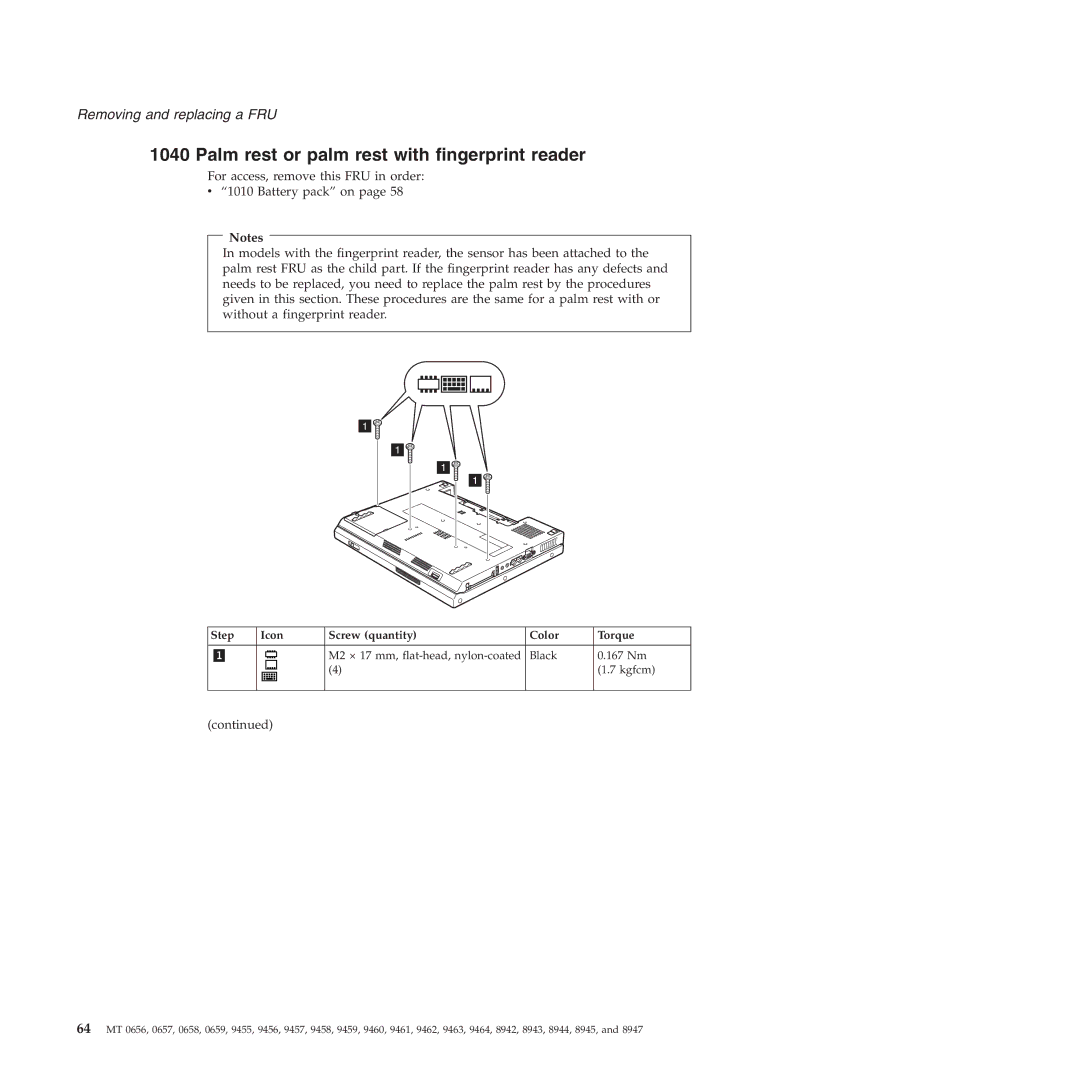 Lenovo R60E manual Palm rest or palm rest with fingerprint reader, Step Icon Screw quantity Color Torque 