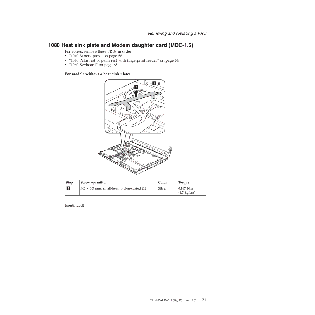 Lenovo R60E manual Heat sink plate and Modem daughter card MDC-1.5, For models without a heat sink plate 