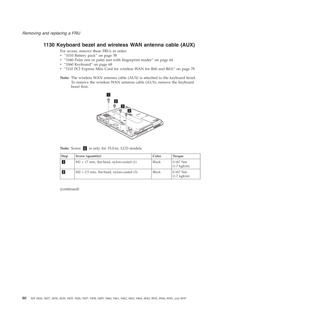 Lenovo R60E manual Keyboard bezel and wireless WAN antenna cable AUX 