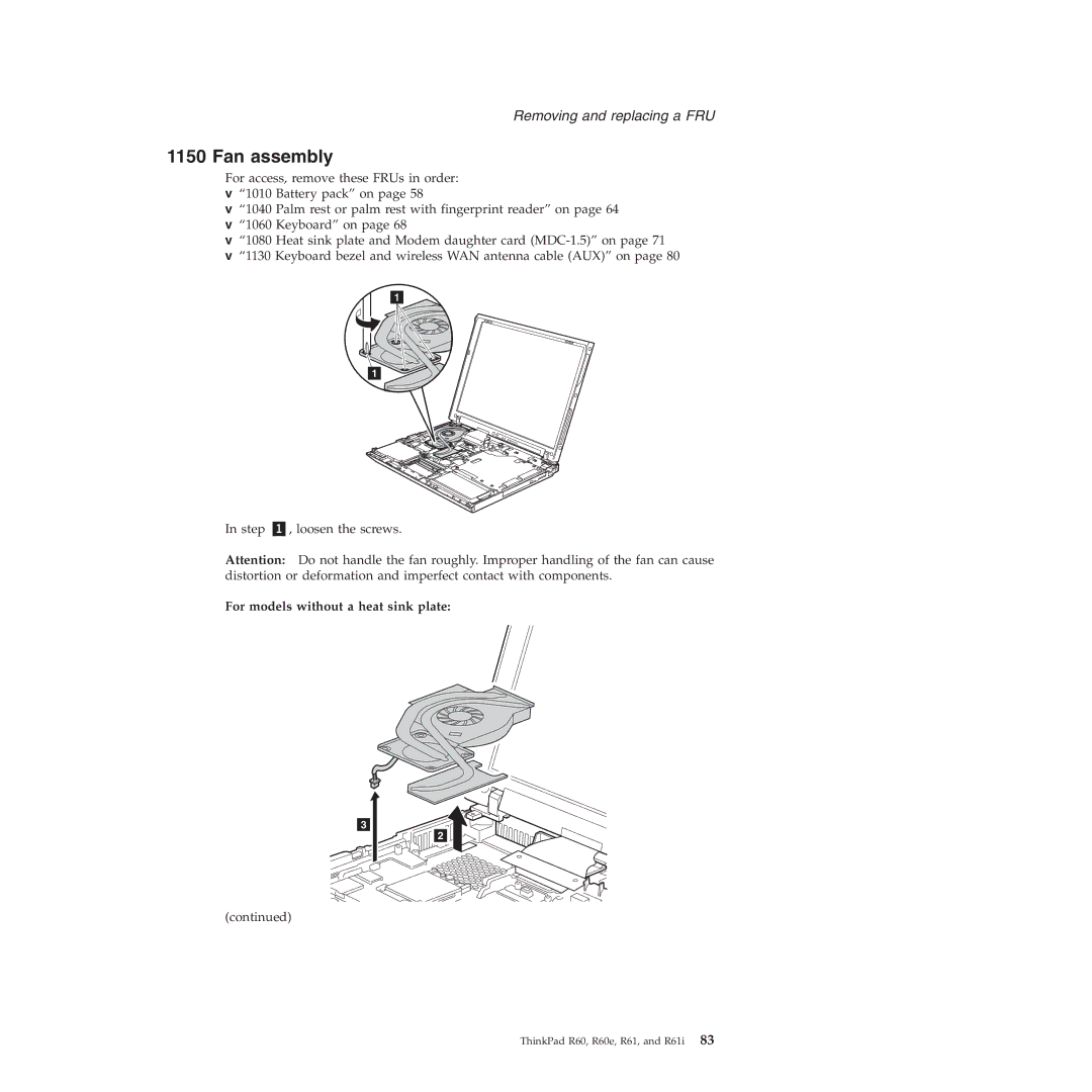 Lenovo R60E manual Fan assembly, For models without a heat sink plate 