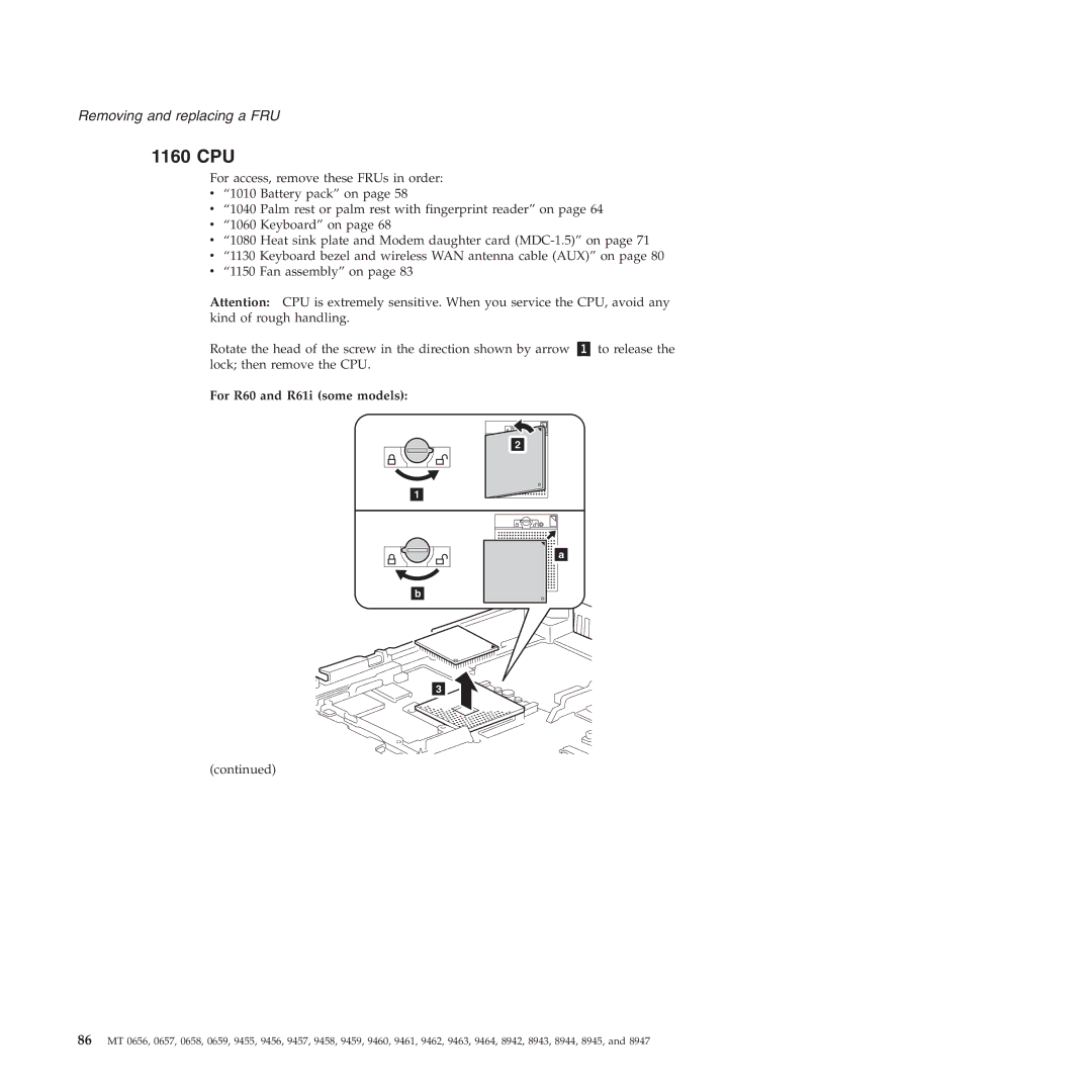 Lenovo R60E manual 1160 CPU, For R60 and R61i some models 