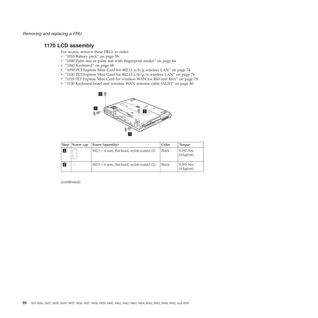 Lenovo R60E manual LCD assembly, Step Screw cap Screw quantity Color Torque 