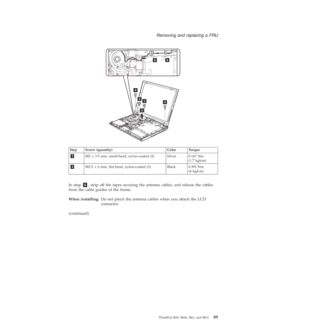 Lenovo R60E manual Step Screw quantity Color Torque 