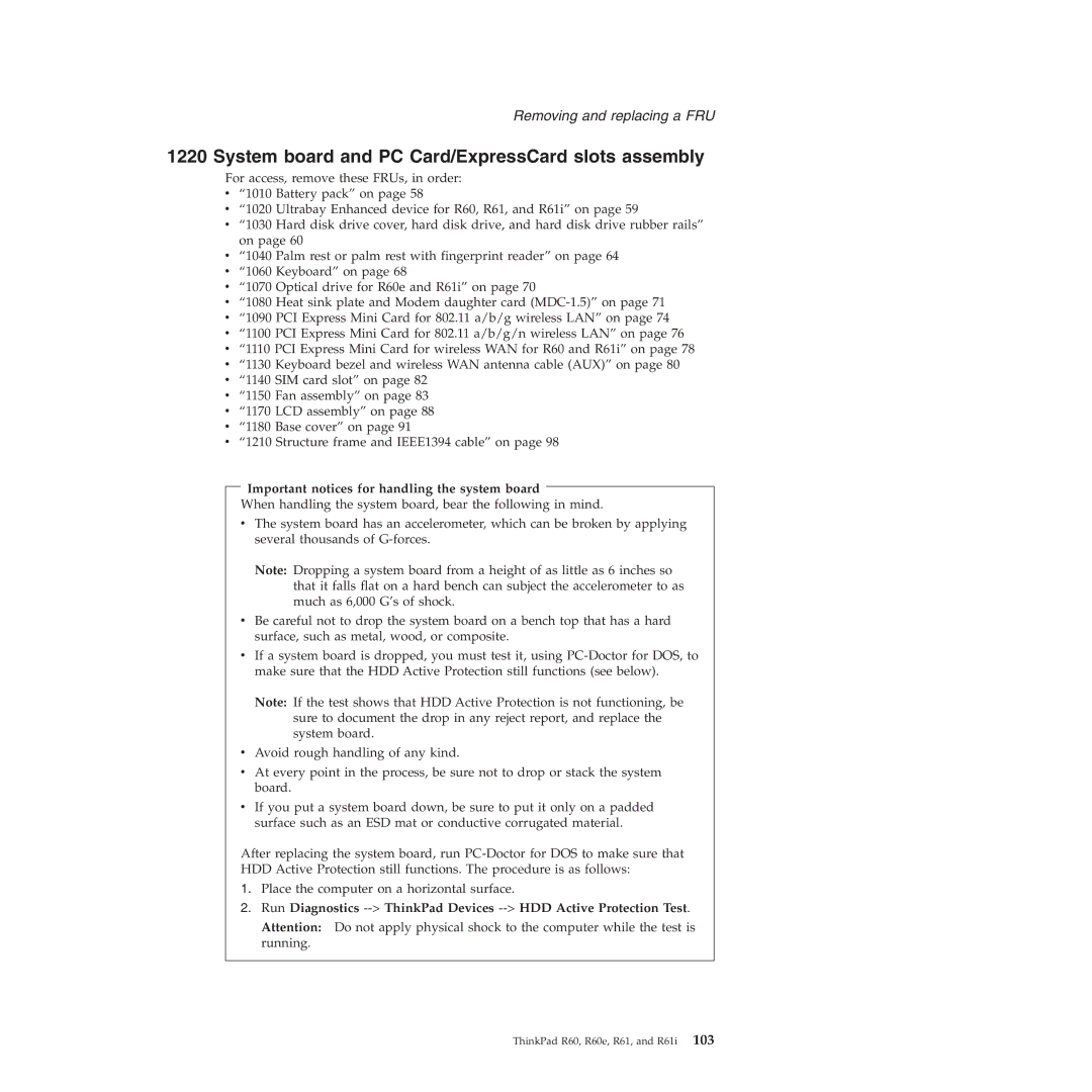 Lenovo R60E, R61I System board and PC Card/ExpressCard slots assembly, Important notices for handling the system board 