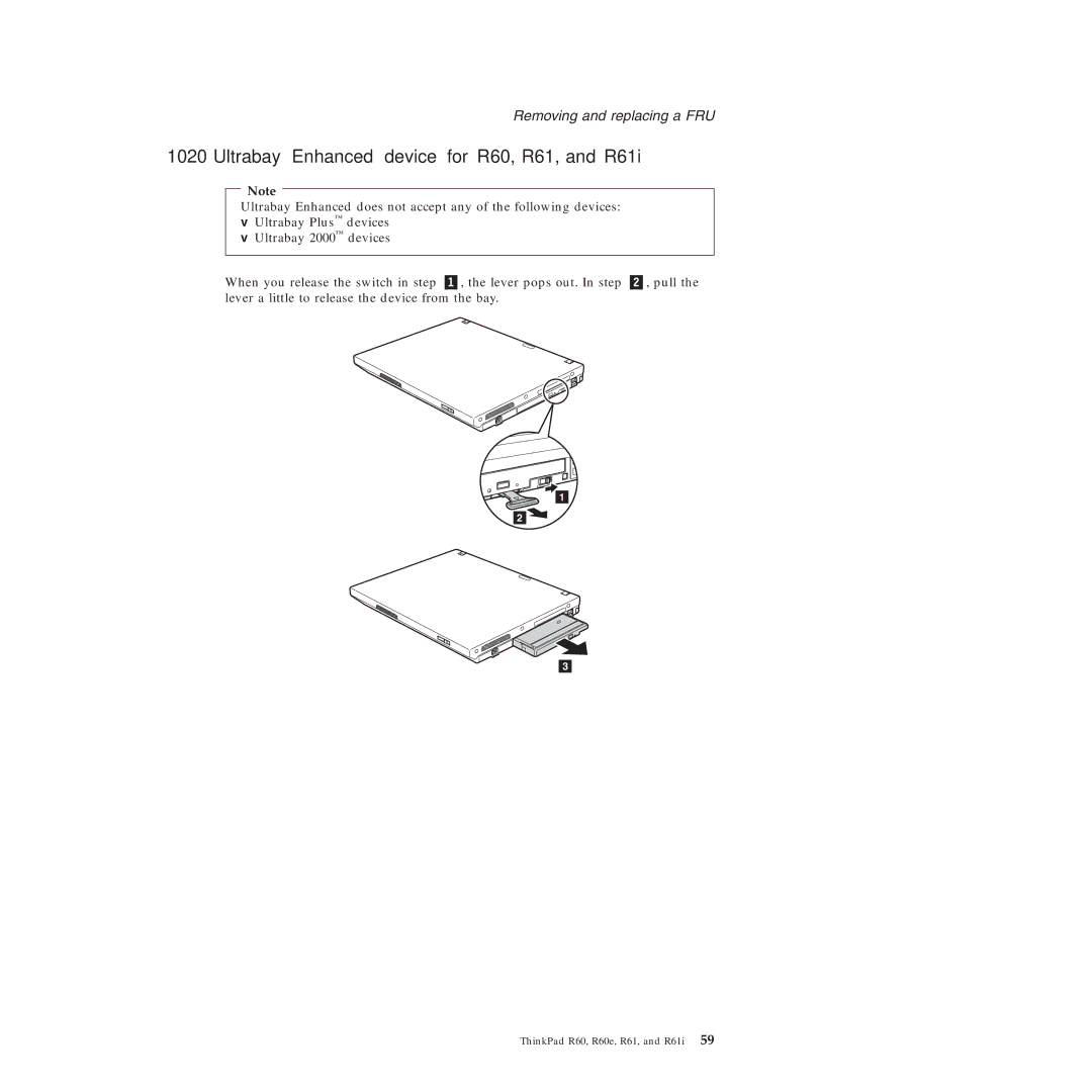 Lenovo R61I, R60E manual Ultrabay Enhanced device for R60, R61, and R61i 