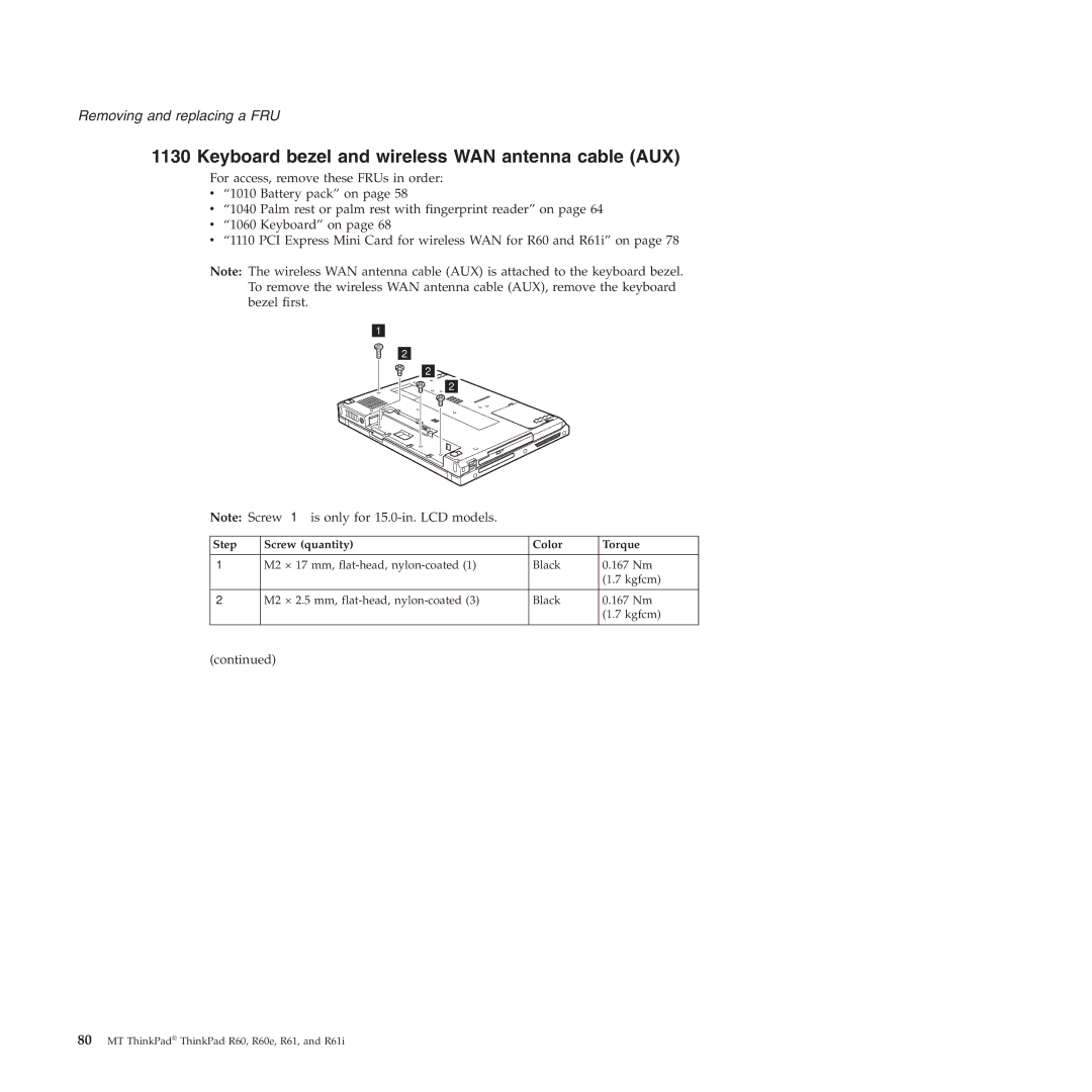 Lenovo R61I, R60E manual Keyboard bezel and wireless WAN antenna cable AUX 