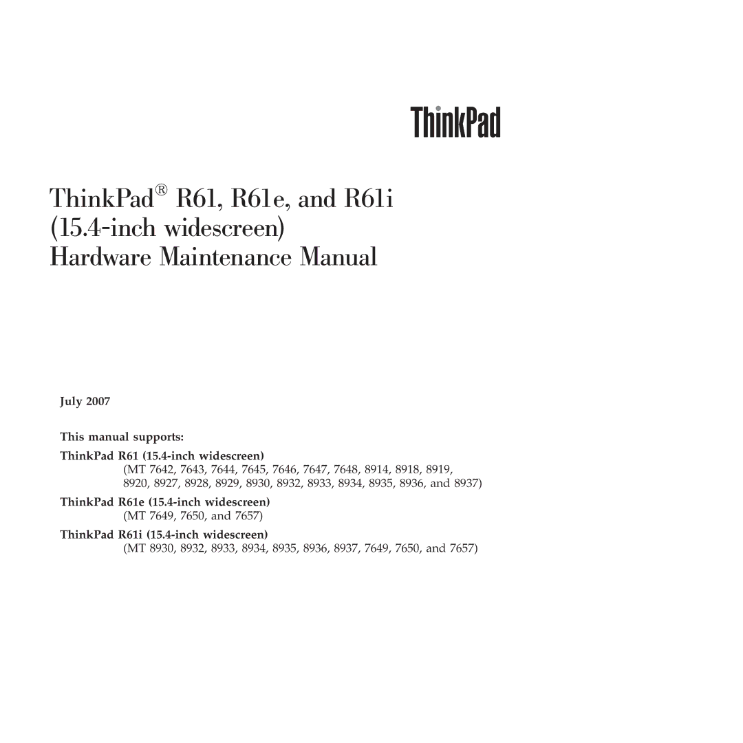 Lenovo R60E, R61I manual November This manual supports ThinkPad R60 