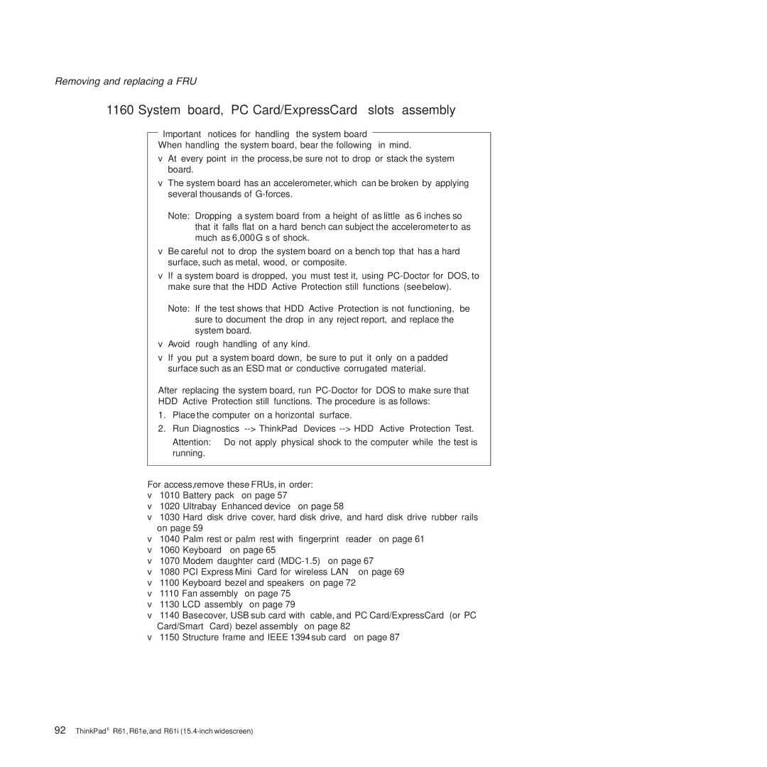 Lenovo R61E, R61I manual System board, PC Card/ExpressCard slots assembly, Important notices for handling the system board 