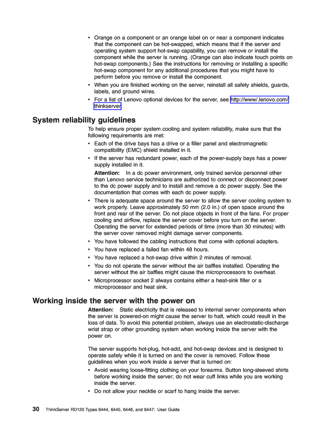 Lenovo RD120 manual System reliability guidelines, Working inside the server with the power on 