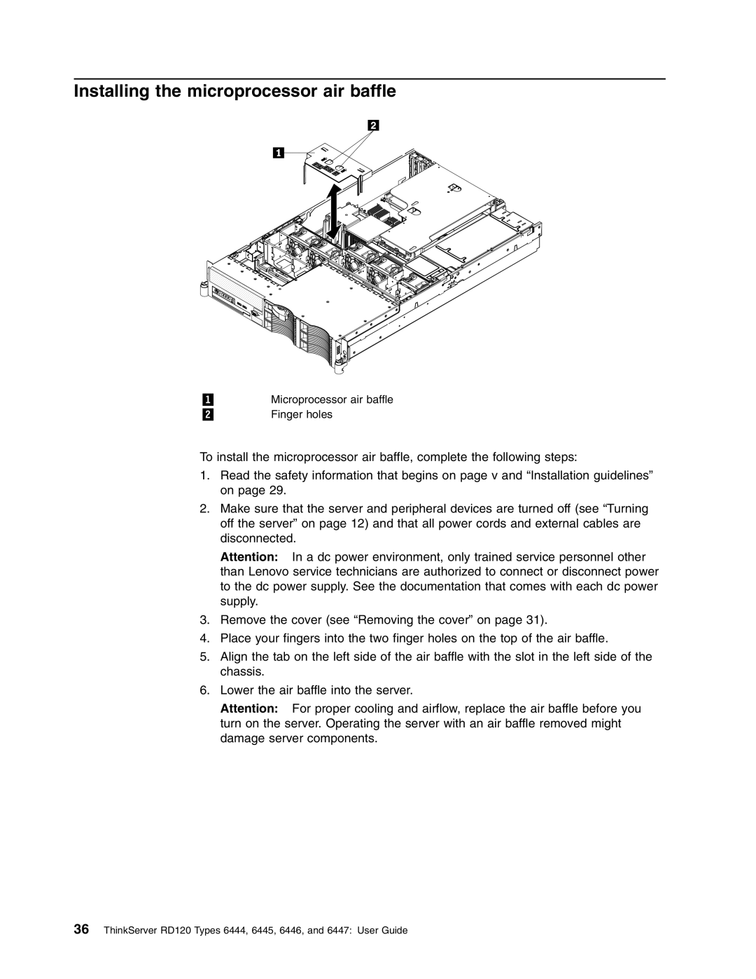 Lenovo RD120 manual Installing the microprocessor air baffle 