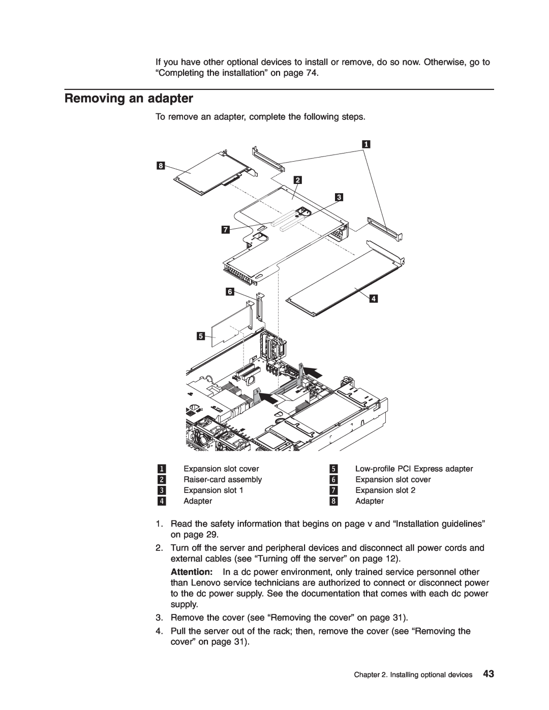 Lenovo RD120 manual Removing an adapter, Expansion slot cover, Raiser-cardassembly, Adapter 