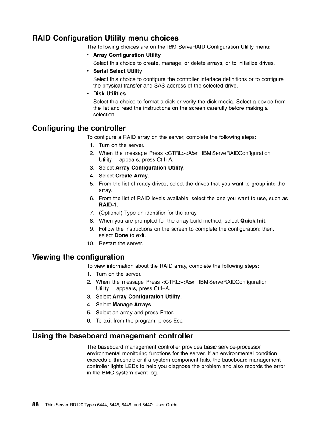 Lenovo RD120 manual RAID Configuration Utility menu choices, Configuring the controller, Viewing the configuration 