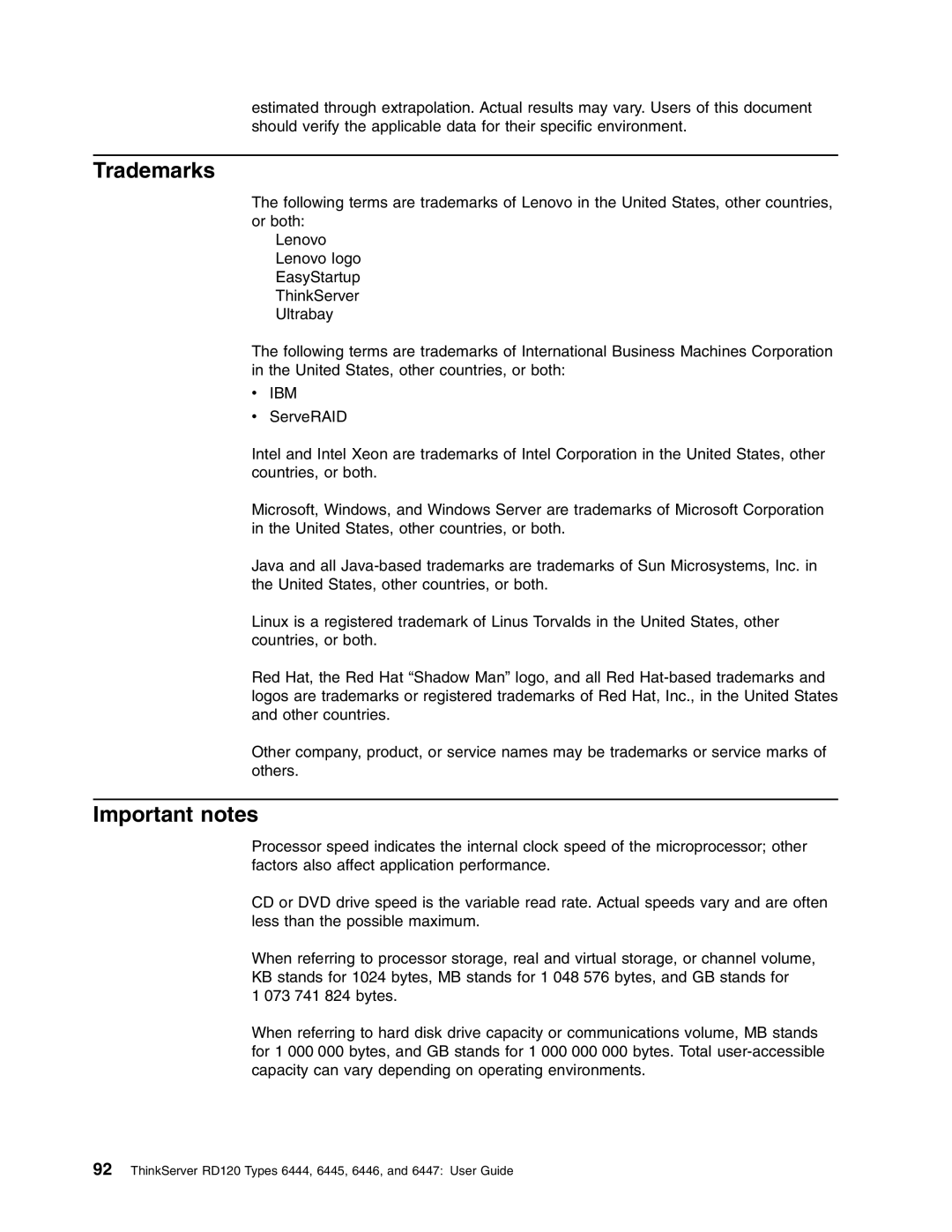 Lenovo RD120 manual Trademarks, Important notes 