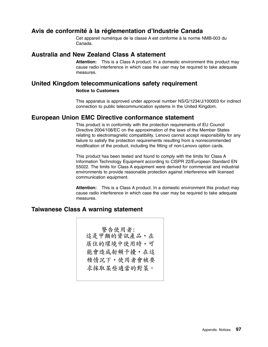 Lenovo RD120 Avis de conformité à la réglementation d’Industrie Canada, European Union EMC Directive conformance statement 