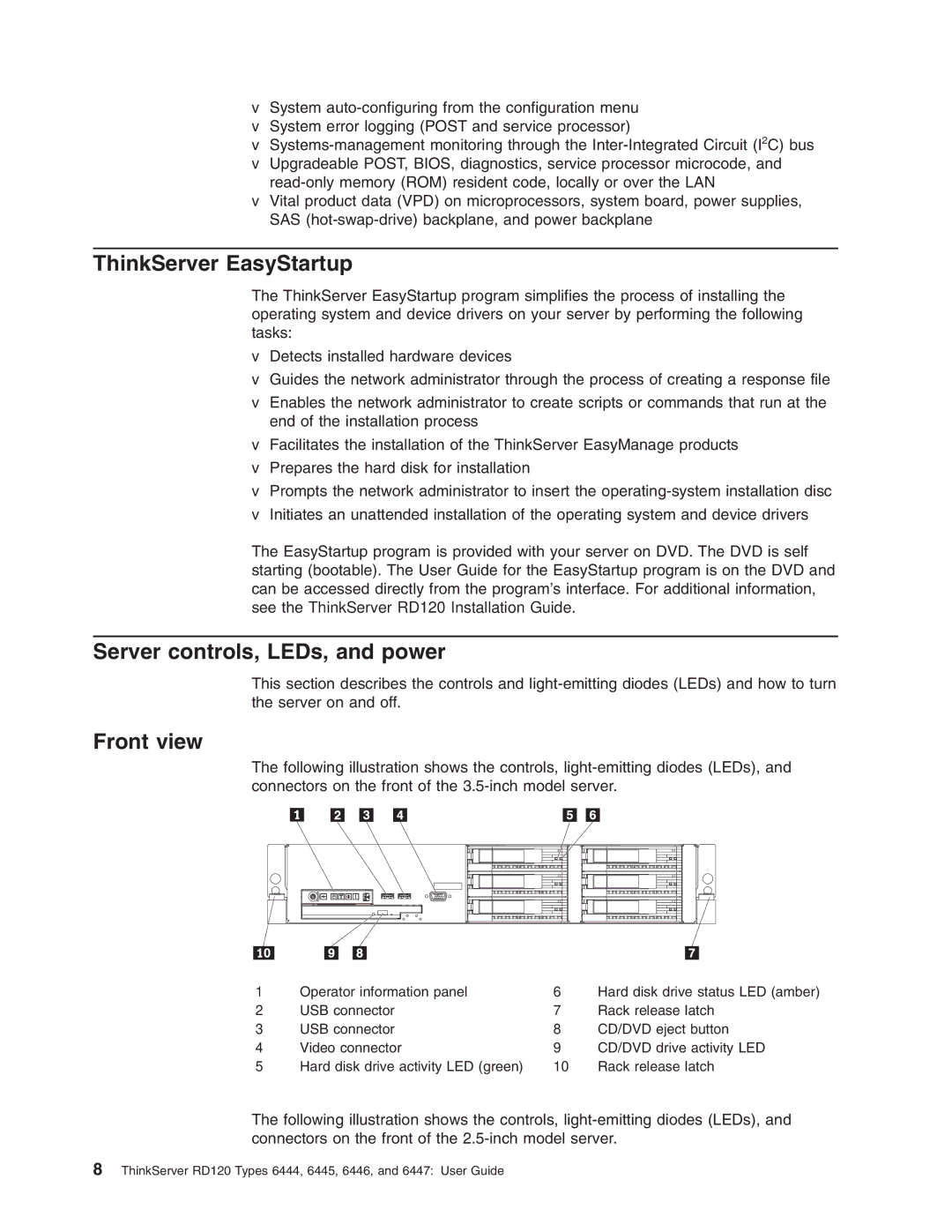 Lenovo RD120 manual ThinkServer EasyStartup, Server controls, LEDs, and power, Front view 