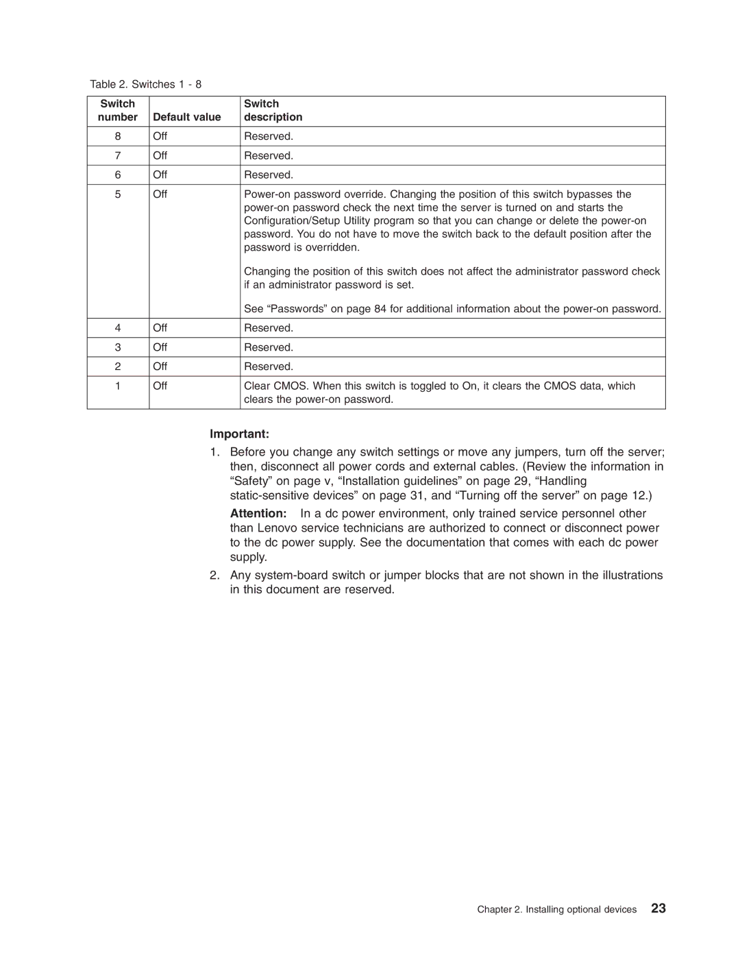 Lenovo RD120 manual Switch Number Default value Description 