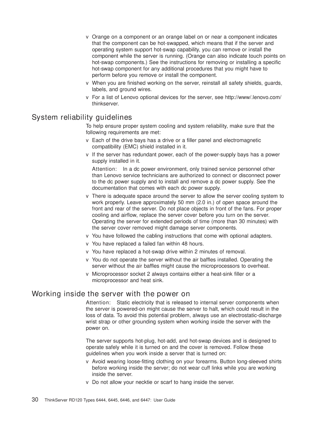 Lenovo RD120 manual System reliability guidelines, Working inside the server with the power on 