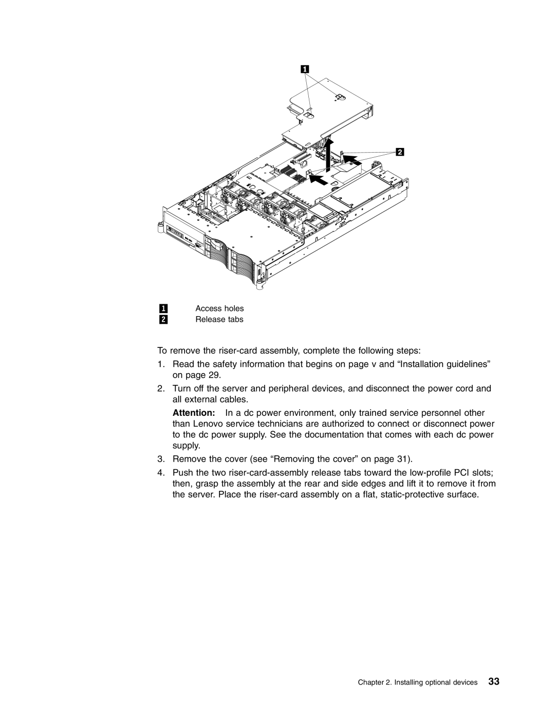 Lenovo RD120 manual 1 Access holes 2 Release tabs 