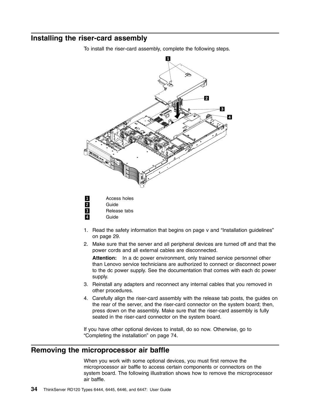 Lenovo RD120 manual Installing the riser-card assembly, Removing the microprocessor air baffle 