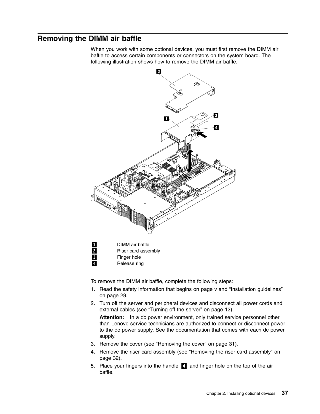 Lenovo RD120 manual Removing the Dimm air baffle 