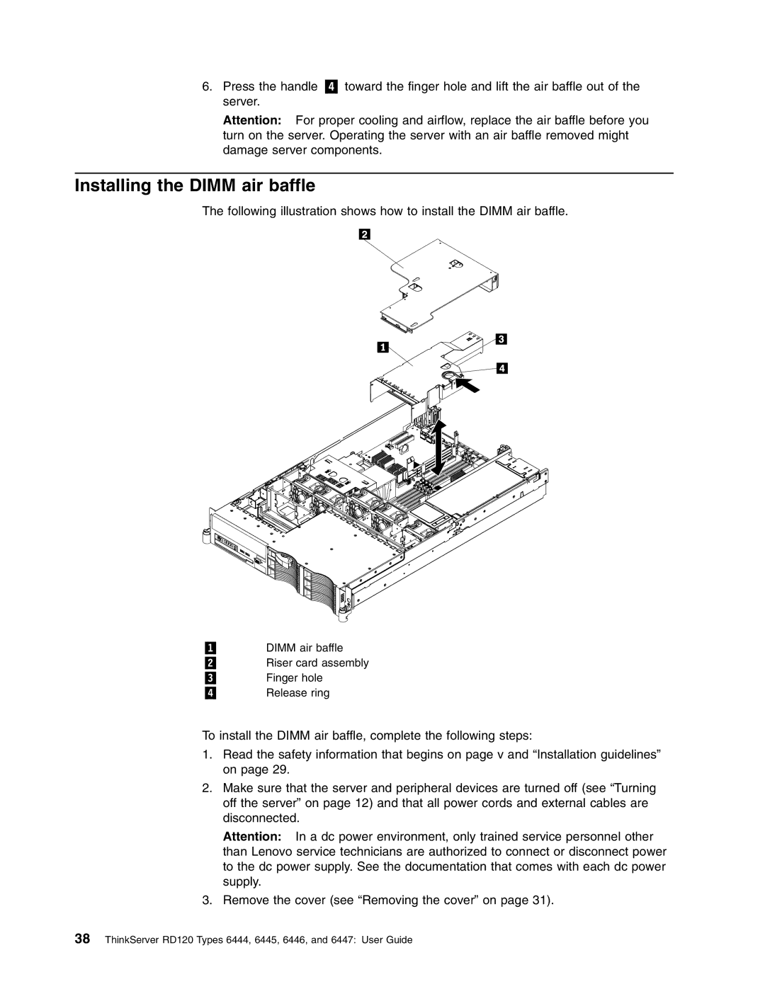 Lenovo RD120 manual Installing the Dimm air baffle 