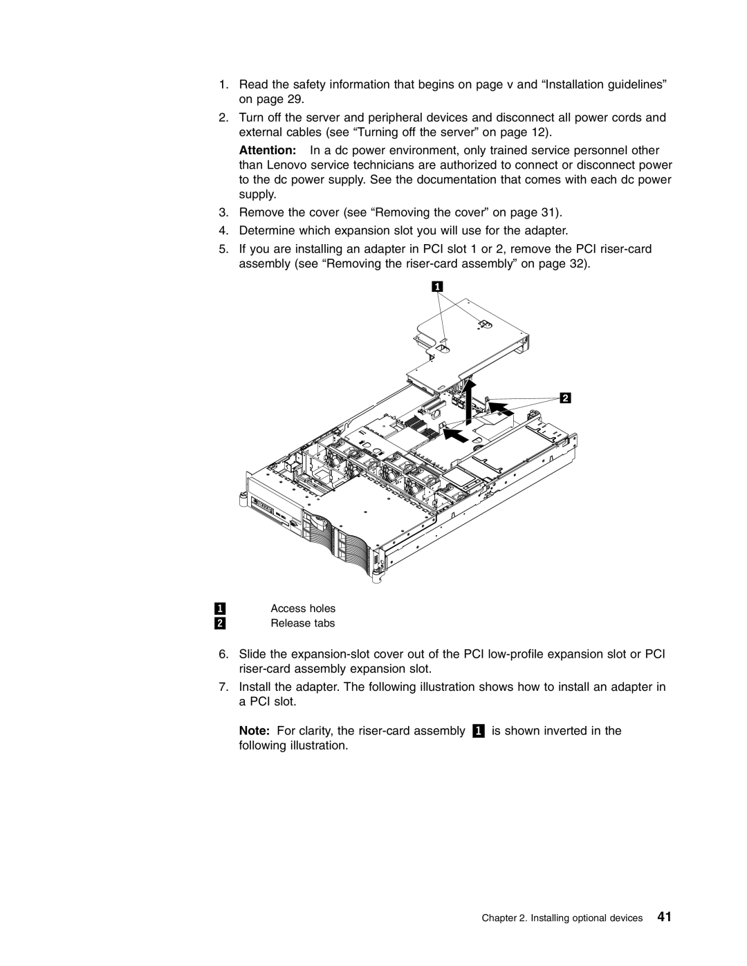 Lenovo RD120 manual 1 Access holes 2 Release tabs 