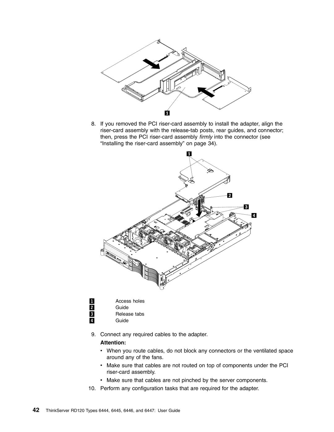 Lenovo RD120 manual 1 Access holes 2 Guide 3 Release tabs 4 Guide 