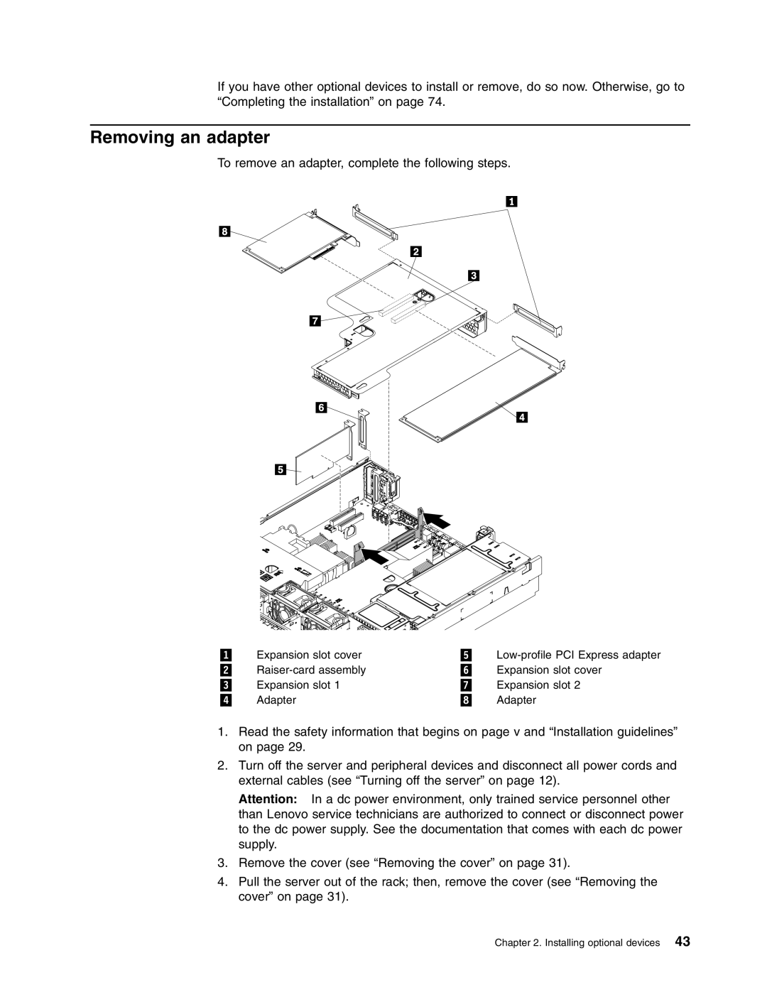 Lenovo RD120 manual Removing an adapter, To remove an adapter, complete the following steps 