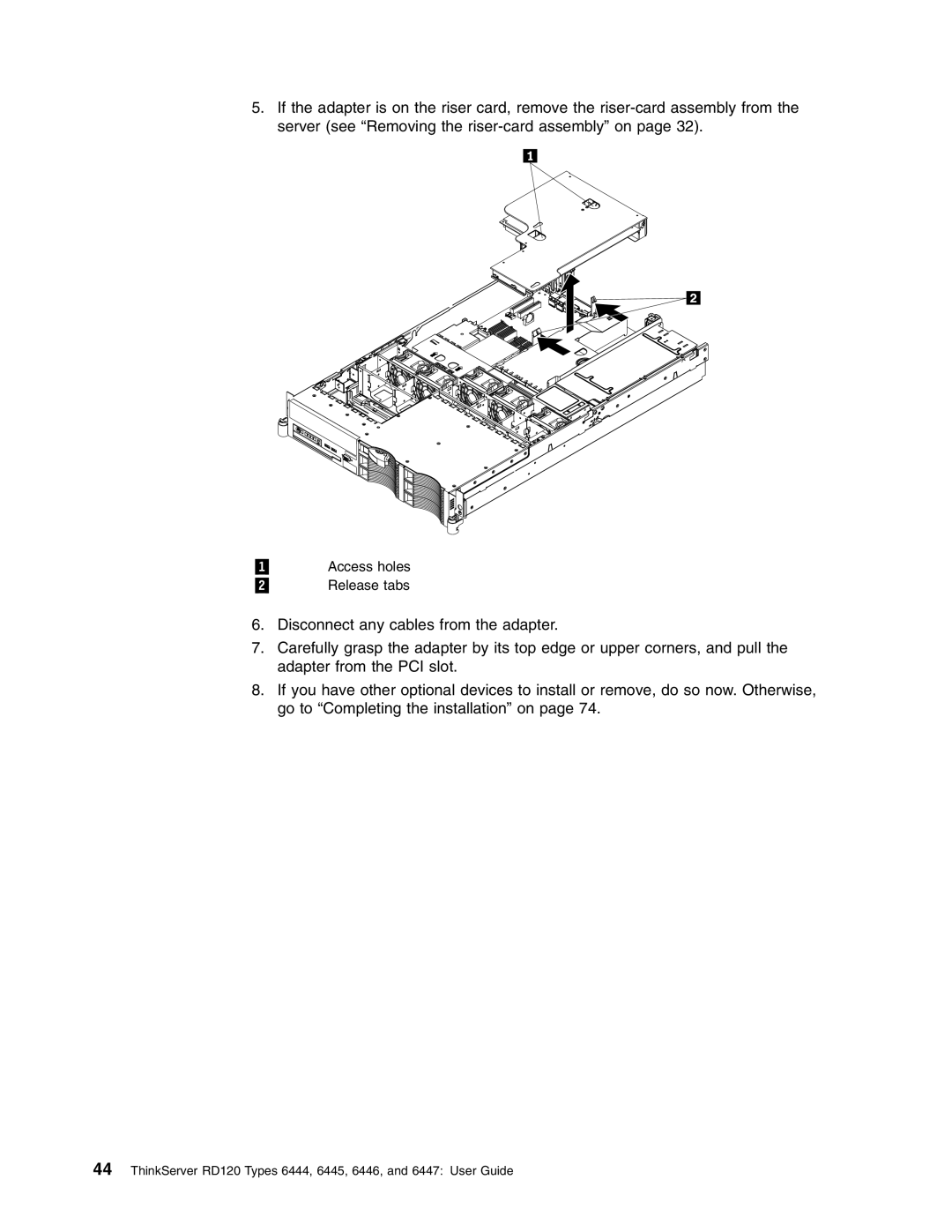 Lenovo RD120 manual 1 Access holes 2 Release tabs 